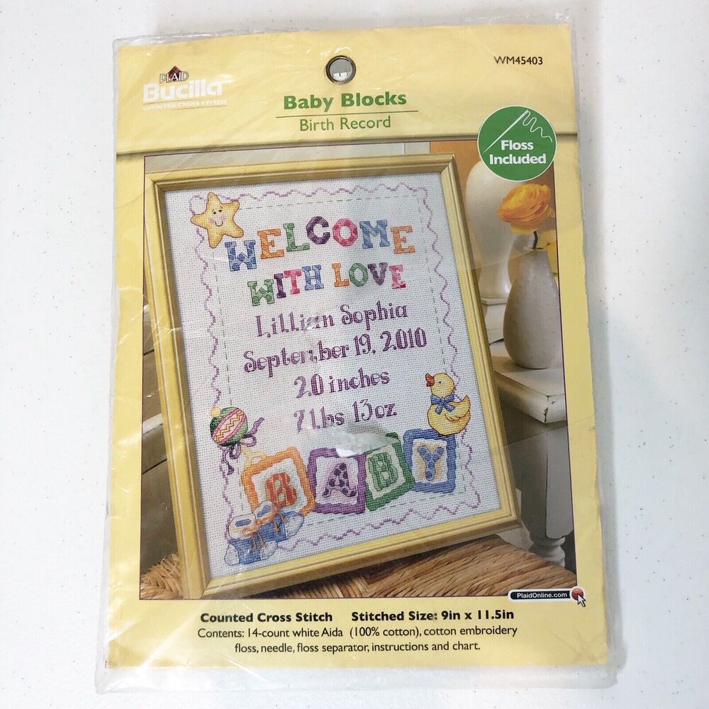 Bucilla New Baby Blocks Birth Record Welcome w/Love Cross Stitch Kit 2011